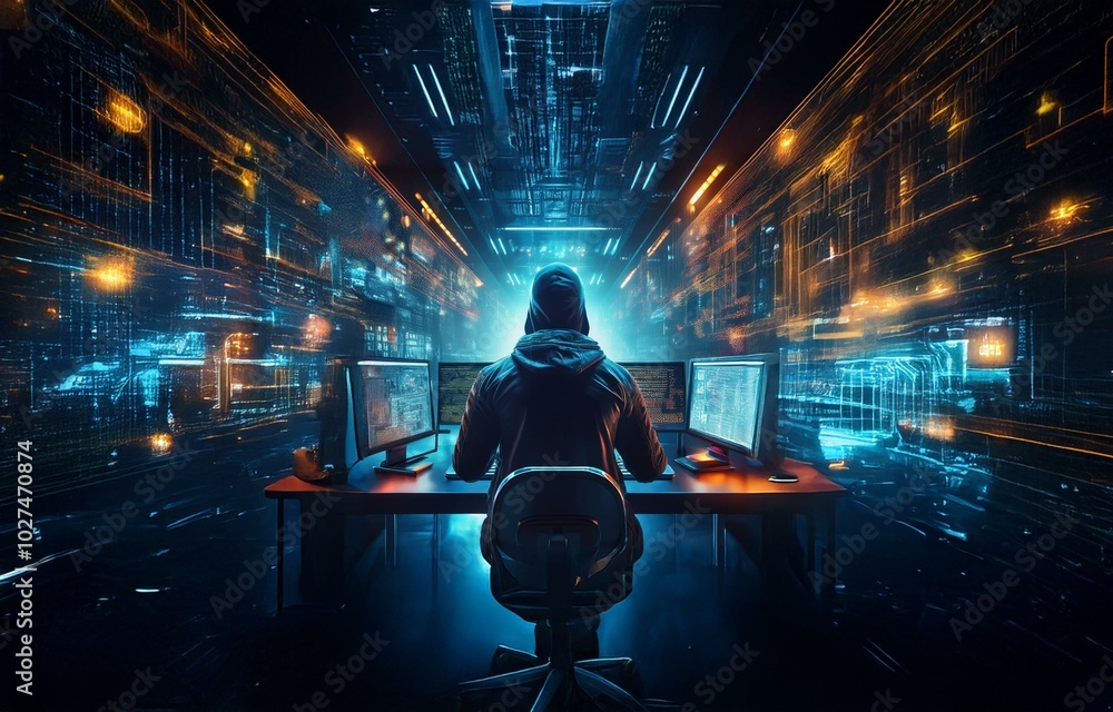 Poster A hooded figure sits in front of multiple computer monitors in a dimly lit room, surrounded by glowing lines of code.
