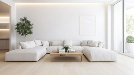 Modern minimalist living room features spacious white sectional sofa, wooden coffee table, and touch of greenery with potted plant. bright, airy atmosphere creates serene and inviting space