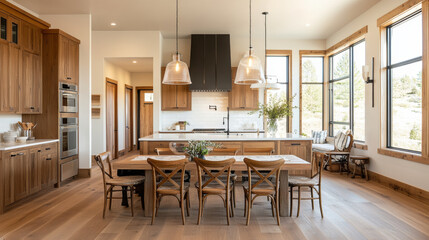 Modern kitchen design features wooden cabinetry, large dining table, and ample natural light. warm tones create welcoming atmosphere, perfect for family gatherings