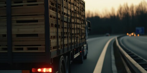 Fototapeta premium A large truck transports a load of wooden pallets along a highway at dusk, illustrating the industrious nature of modern logistics and transportation networks.