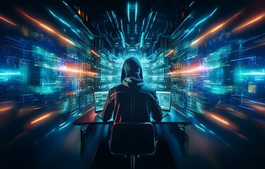 A hooded figure sits at a desk in front of two laptops, surrounded by blue and orange digital streams.