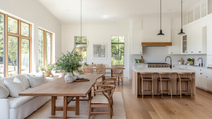 A bright and airy modern kitchen and dining area featuring large windows, wooden dining table, and stylish rattan chairs. space exudes warmth and comfort, perfect for gatherings