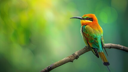 Obraz premium A colorful bird with a long beak sits perched on a branch, with a blurred green background.