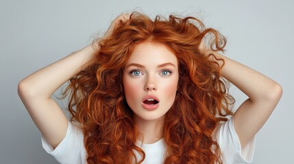 Fototapeta premium A 35-year-old girl with long curly red hair expresses anger while posing in a simple indoor setting