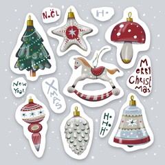 Sticker pack featuring seven retro Christmas ornaments: a Christmas tree, rocking horse, bell, pine cone, star. Each design has muted, intricate colors, perfect for adding a vintage holiday vibe.