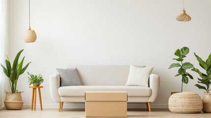 A cozy living room featuring light colored sofa, decorative pillows, and stylish plants. warm ambiance is enhanced by pendant lights and natural textures, creating serene atmosphere