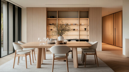 Fototapeta premium A modern dining room featuring wooden table surrounded by upholstered chairs, complemented by stylish shelving unit. warm tones and natural light create welcoming atmosphere