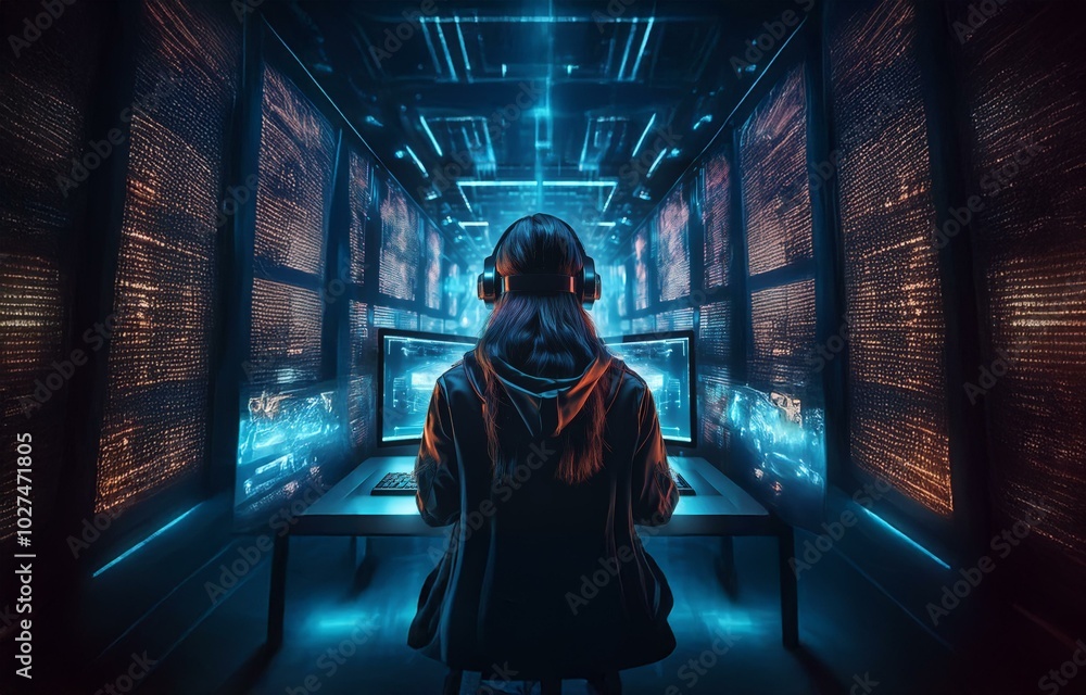 Poster a person wearing headphones sits in front of a computer in a dimly lit room surrounded by glowing sc