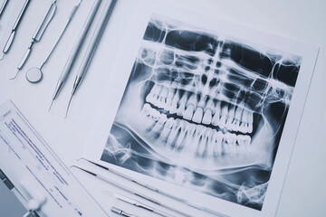 Dental X-ray with tools on a clean background