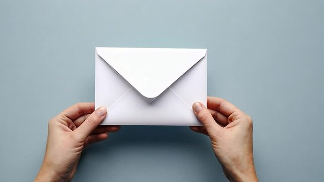 Two light-skinned hands holding a white envelope against a blue background. The envelope is rectangular with a triangular flap. The hands have neat nails. The design is simple. 