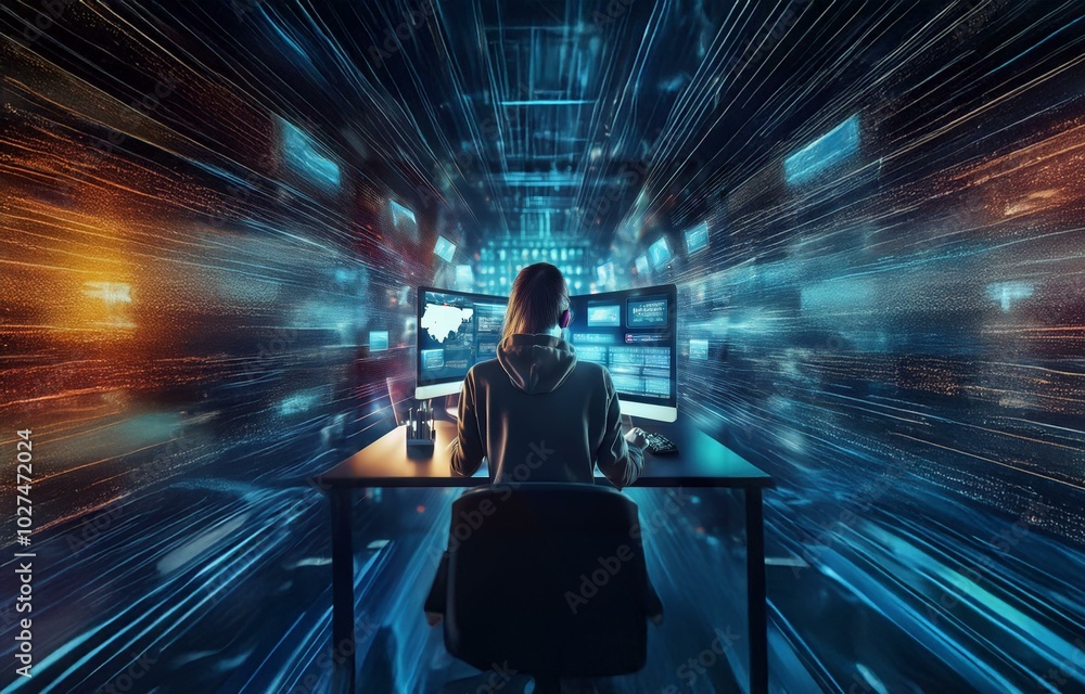 Poster a hooded figure sits at a desk in front of dual monitors with glowing screens and data flowing acros