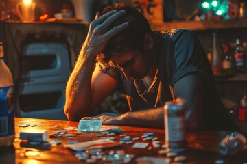Stressed man examining bills in dimly lit room
