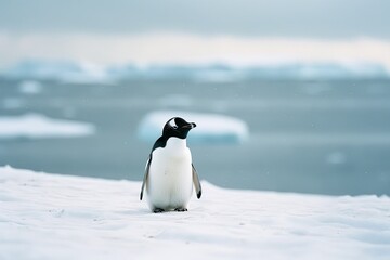 A lone penguin stands on a snow-covered shore, with icebergs and a gray sky in the background.