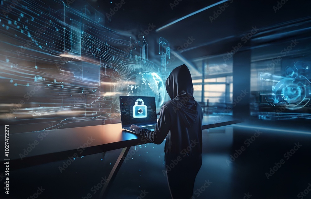 Poster a hooded figure sits at a desk in front of a laptop, working on a cybersecurity project. the screen 