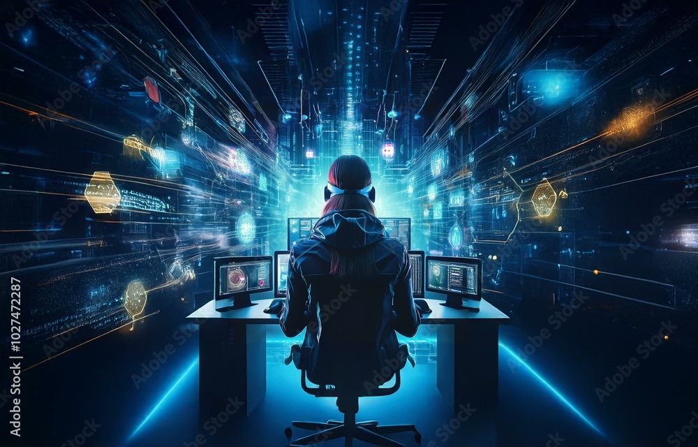 Aufkleber A hooded figure sits at a computer desk, facing away from the viewer. The figure is surrounded by bright blue and yellow lights, creating a futuristic atmosphere.