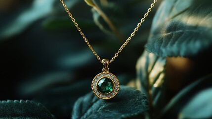 Fototapeta premium A stunning gold necklace adorned with a shimmering green gemstone, elegantly displayed amidst lush green foliage, capturing beauty and luxury in nature's backdrop.