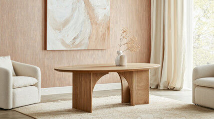 Tranquil Minimalist Living Room with Peach and Cream Tones and Organic Wooden Table