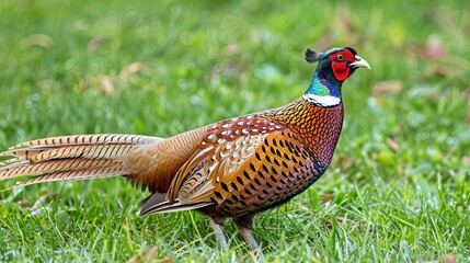 Fototapeta premium A male pheasant with vibrant plumage stands in a grassy meadow, its long tail feathers spread out behind it.