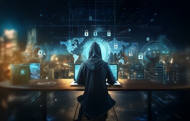 A hooded figure sits at a desk in front of a laptop, with a glowing blue world map and lock icons behind them.