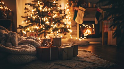 A cozy living room with a lit tree, soft blankets, and gift boxes under the Christmas lights.