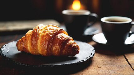 Delicious Croissant With Coffee on a wooden background