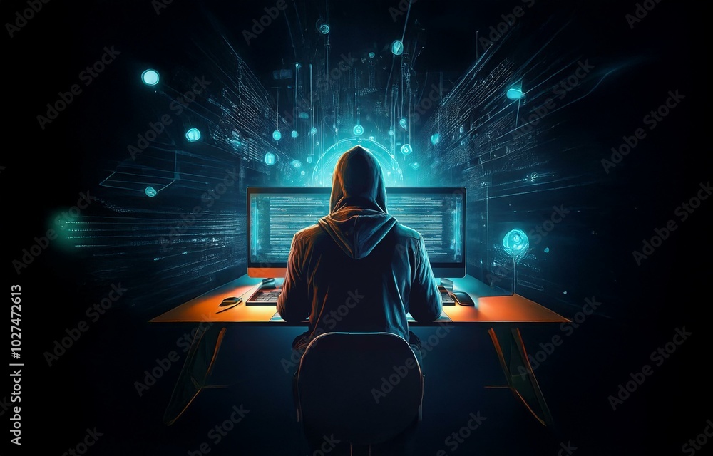 Poster A hooded figure sits at a desk in front of a glowing computer screen. The screen displays code, and a digital interface surrounds the figure.