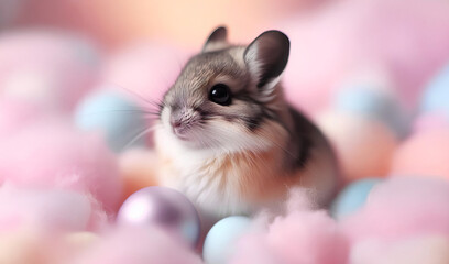 A brown rabbit surrounded by fluffy clouds or cotton balls.