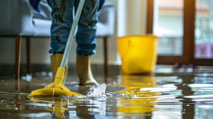 person in rubber boots cleaning the floor