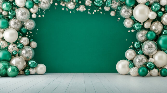 A vibrant backdrop featuring an arrangement of teal, white, and silver balloons and ornaments creates festive atmosphere perfect for celebrations. colorful display adds joyful touch to any event