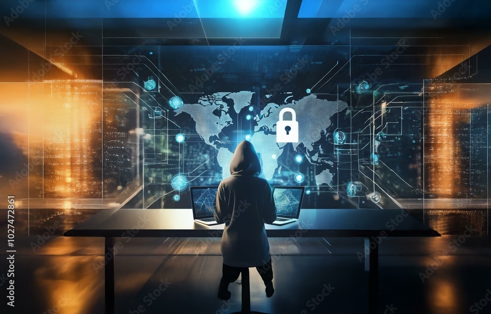 Poster A hooded figure sits at a desk in front of two laptops, with a world map and a padlock icon projected in front of them.