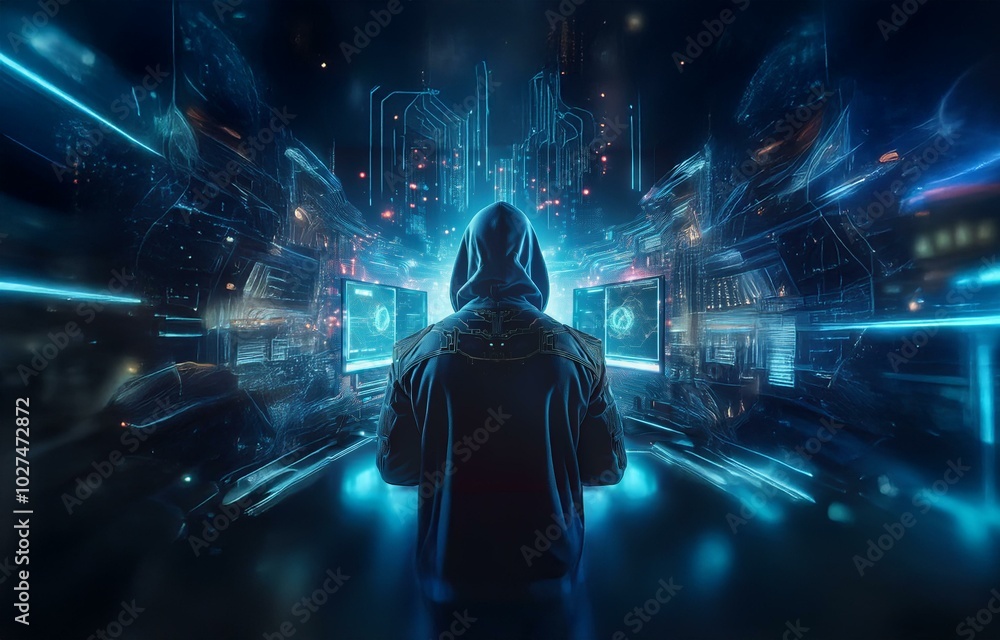 Poster A hooded figure stands in front of two computer monitors in a glowing, abstract digital landscape.