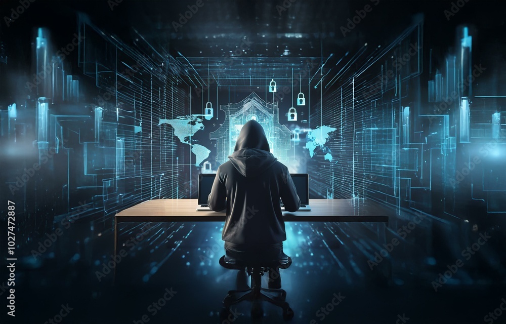 Poster A hooded figure sits in front of two laptops with a glowing digital world behind them, filled with abstract shapes and locks.