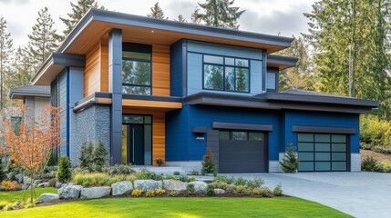 Fototapeta premium Contemporary house featuring a stylish blend of wooden and blue paneling, surrounded by a lush garden, epitomizing modern living and architectural excellence.