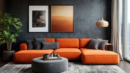A vibrant orange sofa adds a pop of color against dark walls in a modern room, featuring artistic decor and emphasizing a bold sense of style and creativity.