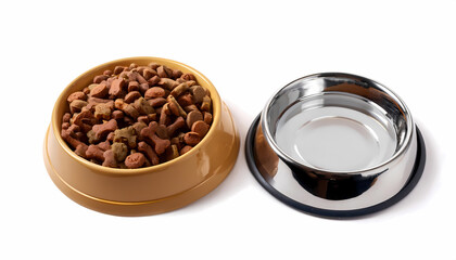 A bowl filled with dry dog food alongside a bowl of fresh water