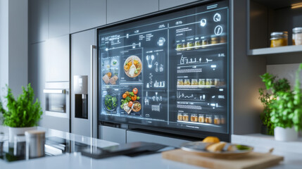 A modern kitchen featuring smart refrigerator with digital display showcasing meal options and nutritional information. sleek design and technology enhance cooking experience