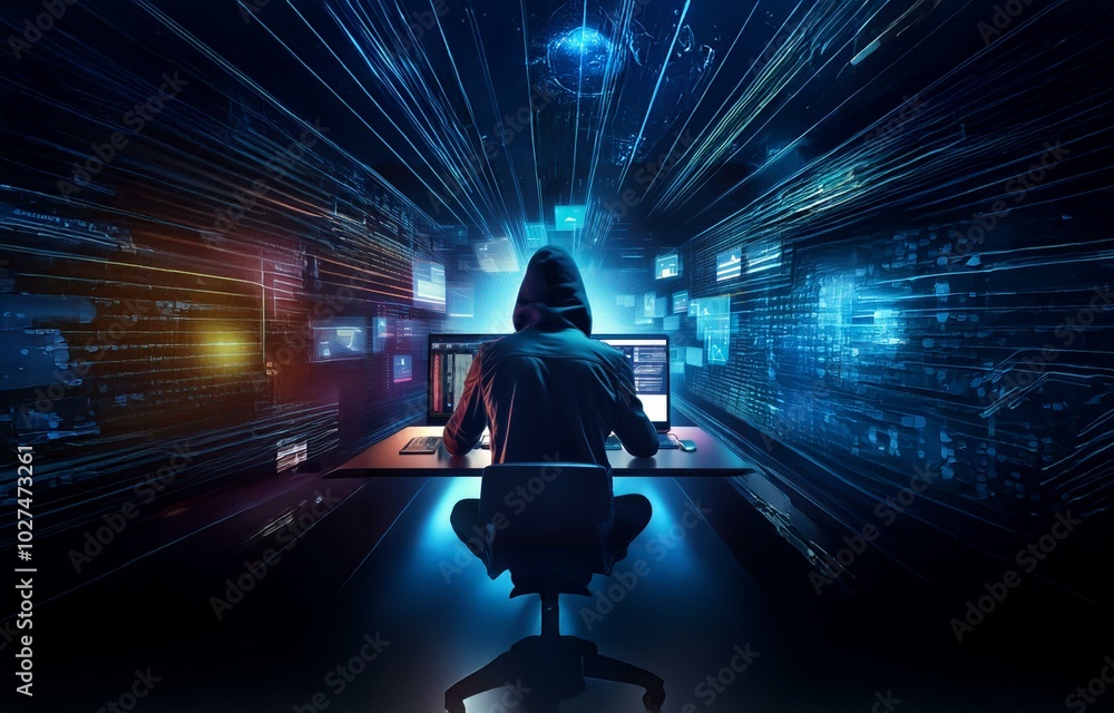 Aufkleber A hooded figure sits at a computer in front of a screen filled with data.