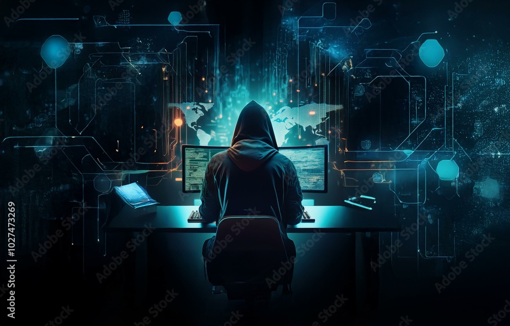 Poster a hooded figure sits in front of a computer, working on a dark, digital background.
