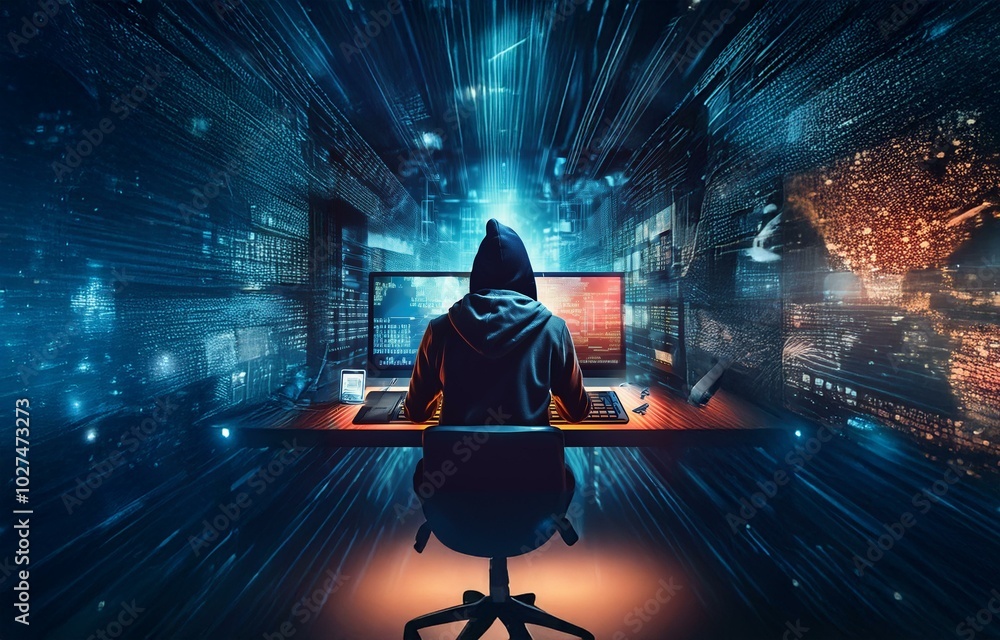 Poster a hooded figure sits at a computer desk in a dark room, surrounded by glowing blue lines and screens