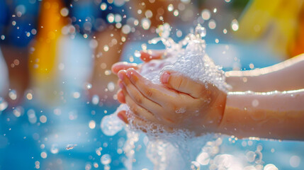 Fototapeta premium A person is holding their hands under a stream of water. The water is clear and cold, and the person's hands are wet. The scene is peaceful and calming.
