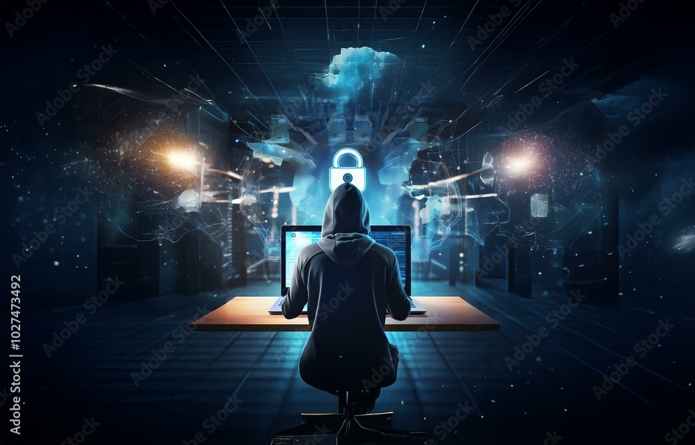 Poster a hooded figure sits in front of two laptops in a dark, futuristic environment.