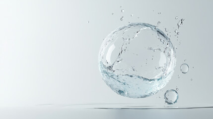 A clear water bubble floats gracefully, surrounded by splashes and droplets, creating serene and refreshing atmosphere. simplicity and elegance of scene evoke sense of calm and purity