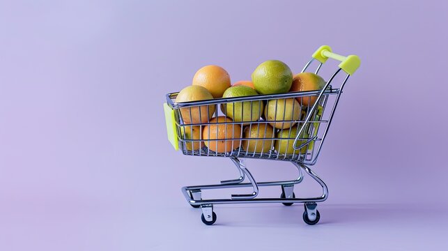 A miniature shopping cart filled with oranges and limes, set against a purple background.