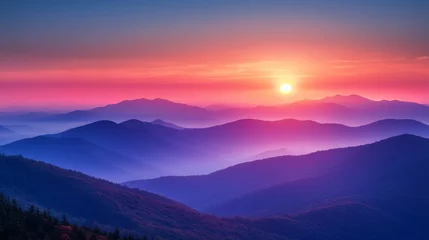 Fototapete A stunning sunrise casts a beautiful gradient of colors over a mist-covered mountain range, creating a tranquil and awe-inspiring natural landscape in the early morning. © Joachim