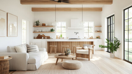 A bright and airy living room featuring cozy white sofa, wooden shelves, and modern kitchen area. space is filled with natural light, creating warm and inviting atmosphere