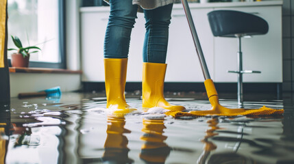 Obraz premium person in rubber boots cleaning the floor