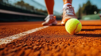 A focused tennis player, poised to serve on a red clay court, embodies dedication and athleticism under the sunny sky, showcasing the dynamic sport in action.