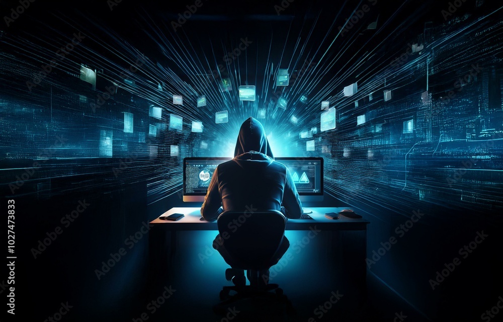 Poster a hooded figure sits at a computer in a dark room, glowing blue screens and lines of code illuminate