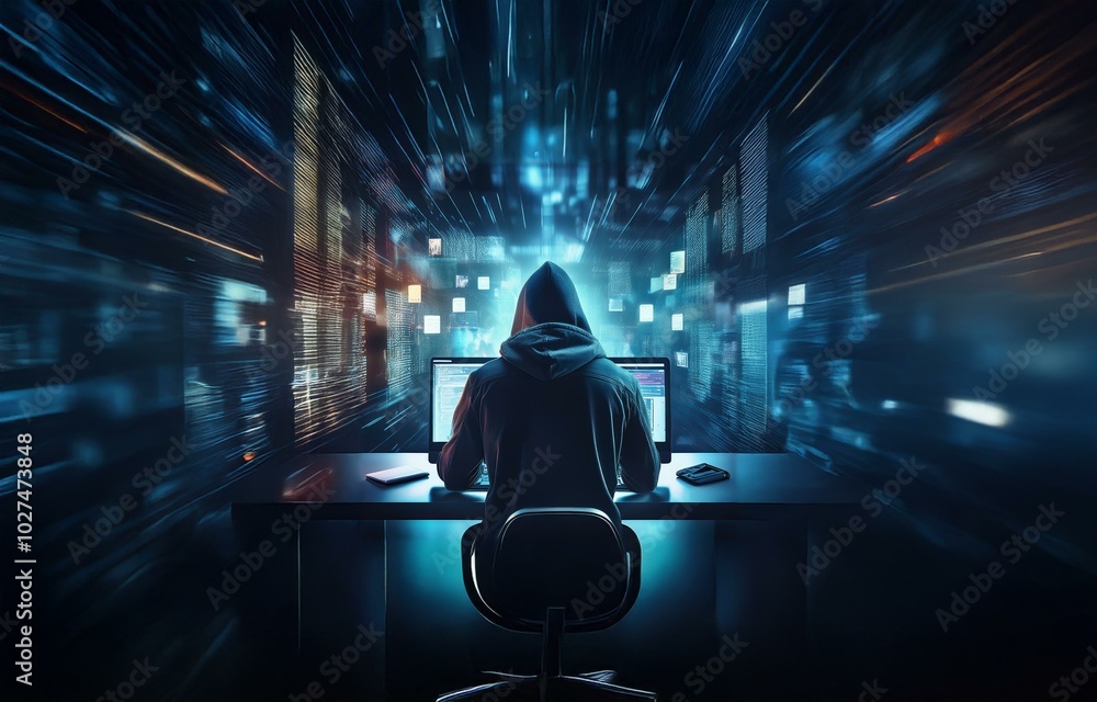 Poster a hooded figure sits in front of a computer, surrounded by a blur of digital data.