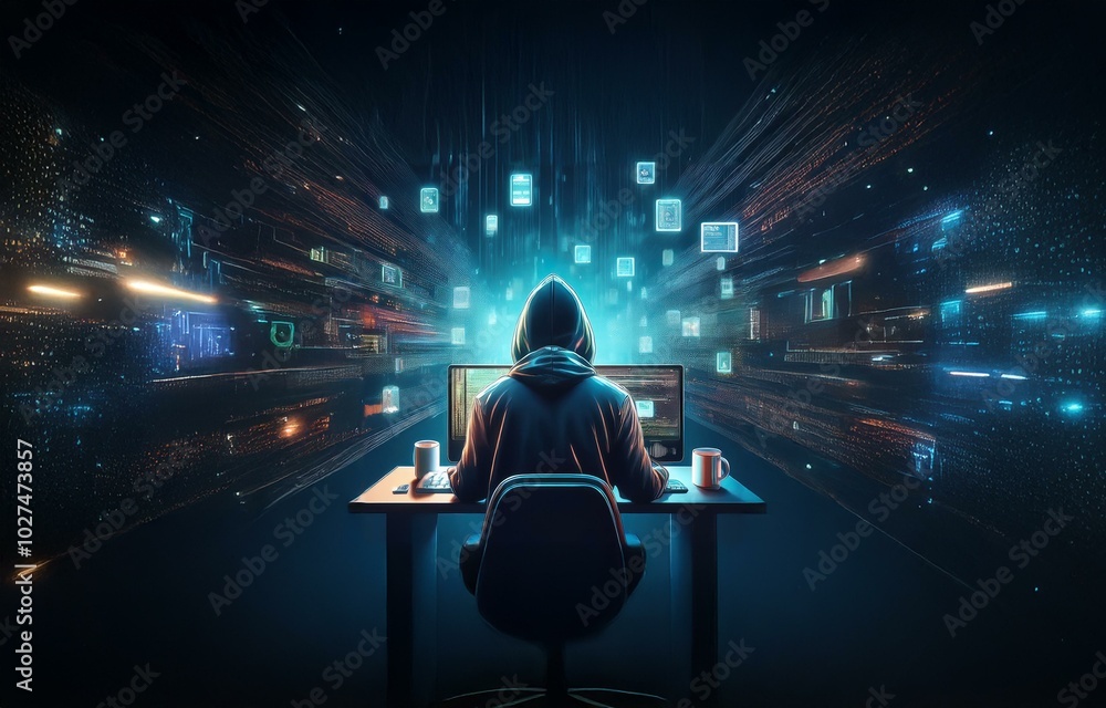 Aufkleber a hooded figure sits at a desk, facing a computer screen, surrounded by a digital stream of glowing 
